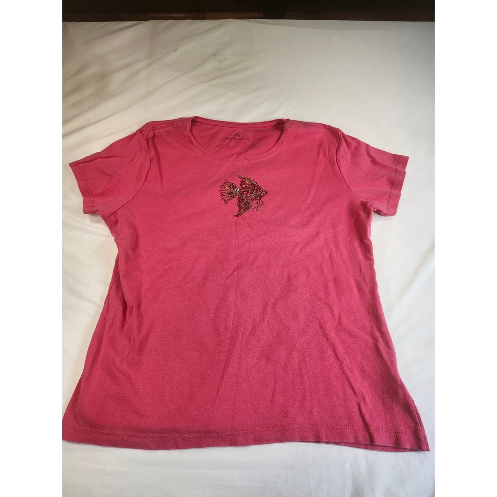 Greensource Pink Rhinestone Angelfish Graphic T-Shirt Womens XL Cotton Tee